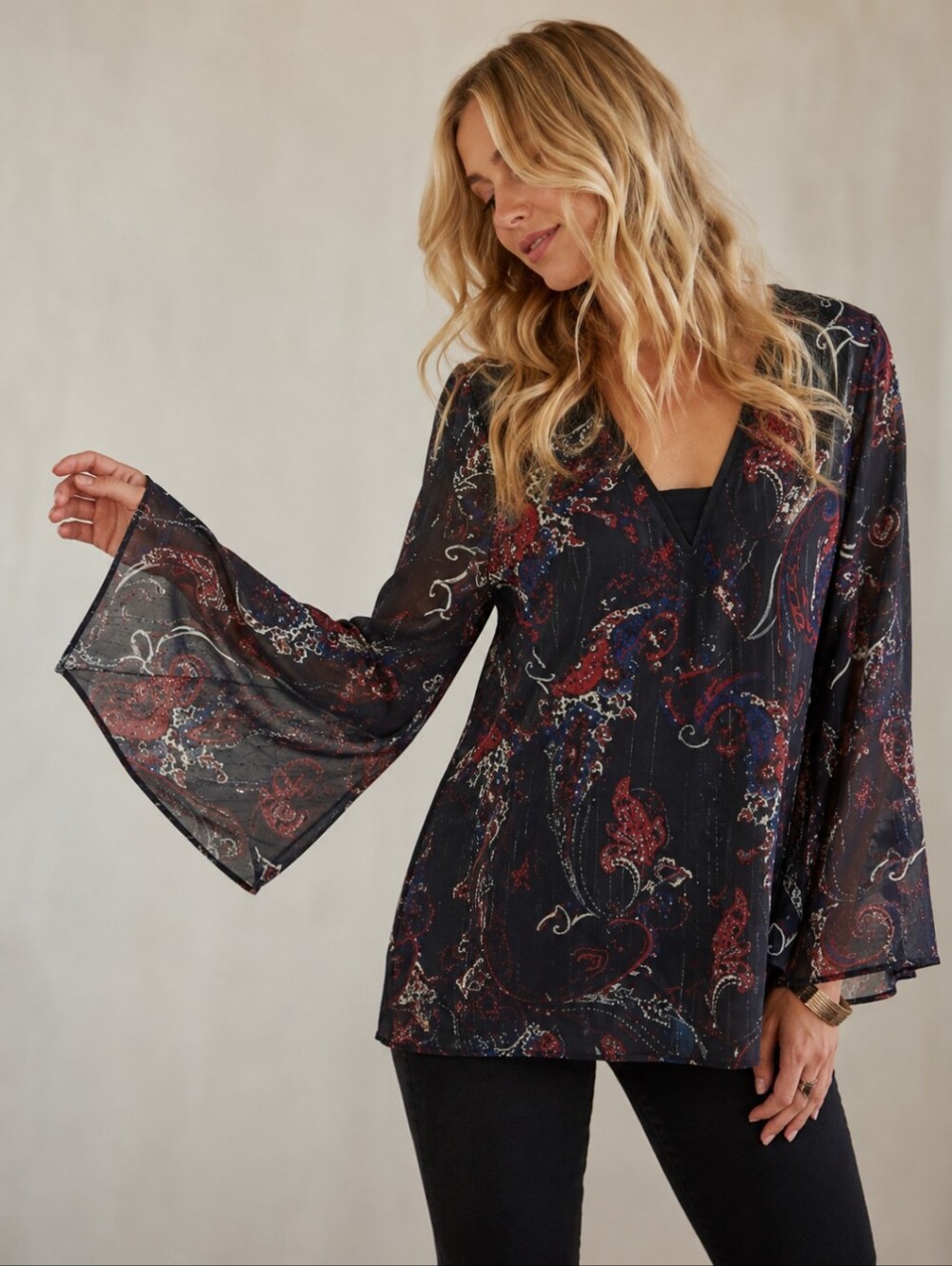 Whimsigoth Sheer flowy bell sleeves black paisley scrolls v neck tunic Top Sz M